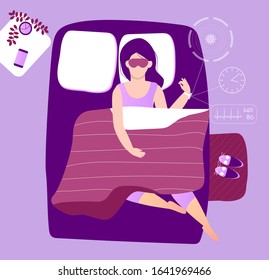 Sleep control cartoon concept vector. Young woman character uses smart watch sleep control in bed. Circadian rhythms are controlled by circadian or biological clock. Top view of bedroom interior