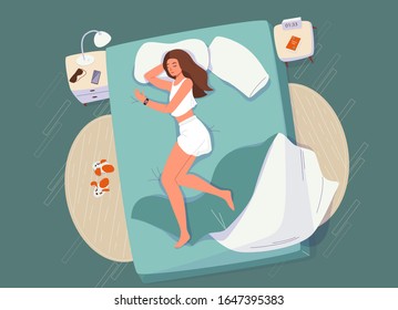 Sleep control concept vector background. Young woman sleeping at home on bed with smart watch on her hand and smartphone on nightstand.