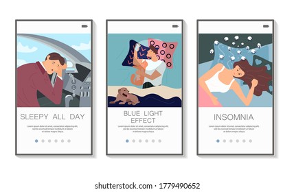 Sleep control social media stories set. Screens user interface kit for insomnia types or health sleeping, mobile app templates. UI, UX screen mobile or responsive website. Flat Art Vector Illustration