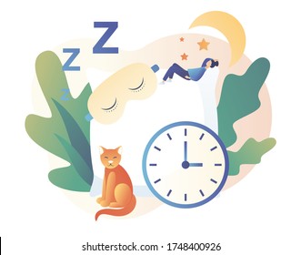 Sleep control. Sweet dreams. Sleep time. Good health and work of biological rhythms. Tiny woman sleeps in mask on a huge pillow. Modern flat cartoon style. Vector illustration on white background