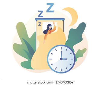 Sleep control. Sleep time. Sweet dreams. Good health and work of biological rhythms. Tiny woman sleeping at night in bed. Modern flat cartoon style. Vector illustration on white background