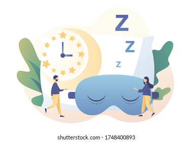 Sleep control. Sleep time. Sweet dreams. Good health and work of biological rhythms. Tiny people getting ready for sleep. Modern flat cartoon style. Vector illustration on white background