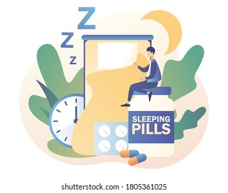 Sleep control. Tiny man suffers from insomnia in bedroom surrounded by alarm clock, sleeping pills, bed. Stress, depression and sleeping problems. Modern flat cartoon style. Vector illustration