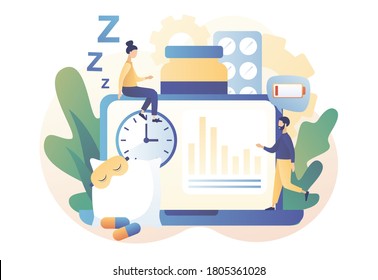 Sleep control in web site. Tiny people suffers from insomnia. Stress, depression and sleeping problems. Alarm clock, sleeping pills, mask. Modern flat cartoon style. Vector illustration