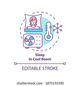 Sleep in cool room concept icon. Recommendation for better dreaming. Asleep with air conditioning. Sleep hygiene idea thin line illustration. Vector isolated outline RGB color drawing. Editable stroke