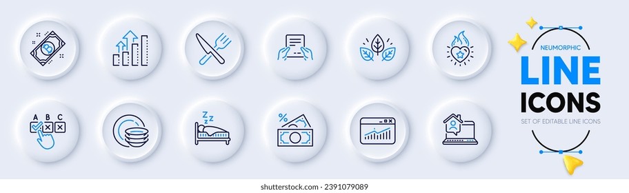 Sleep, Correct checkbox and Receive file line icons for web app. Pack of Money tax, Work home, Heart flame pictogram icons. Organic tested, Bitcoin, Dishes signs. Website statistics. Vector