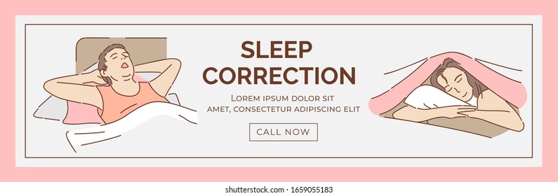 Sleep correction web banner template with text space. Young man and woman sleeping and taking a rest in beds vector cartoon illustration. Sweet dreams, healthy sleep outline concept.