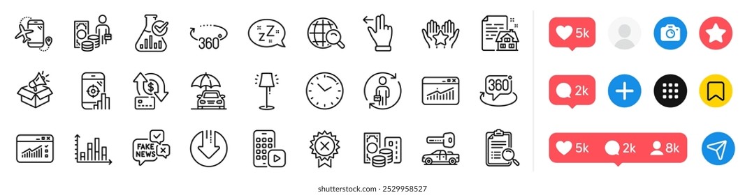 Sleep, Credit card and Ranking line icons pack. Social media icons. Money transfer, Chemistry lab, Stand lamp web icon. Reject medal, Time, Diagram graph pictogram. Vector