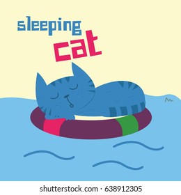 Sleep Cute Cat Design for tee print, t-shirt, embroidery, shirt, mug, bag, lunchbox, wallpaper, tote bag, poster and banner flat design for kids. Retro vector illustration