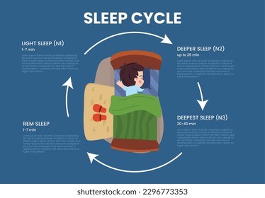 Infografía del ciclo de sueño, niño durmiendo tranquilamente en la cama, ilustración vectorial plana. Gráfica de ciclo de sueño saludable. Dormitorio ligero, sueño profundo y REM. Niño durmiendo tranquilamente.