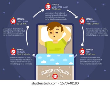 Sleep cycle infographics, vector flat style design illustration. Sleep phases or stages diagram, scheme, education poster template.