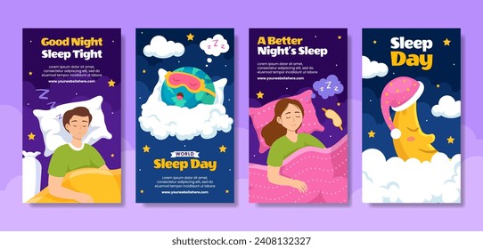 Sleep Day Social Media Stories Flat Cartoon Hand Drawn Templates Background Illustration