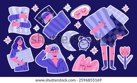 Sleep day sticker set. Various sleeping girls with pillows. Colorful trendy vector flat illustrations isolated on white background.