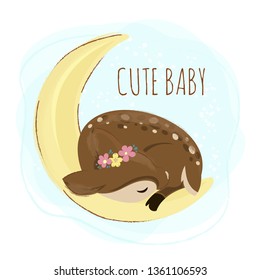 SLEEP DEER Cartoon fawn with a wreath of flowers on her head sleeping on the moon