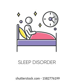 Sleep deprivation color icon. Insomnia. Man alone in bed. Awake at night. Sleeplessness. Disturbed sleep. Nightmare and night terror. Dyssomnia. Mental disorder. Isolated vector illustration