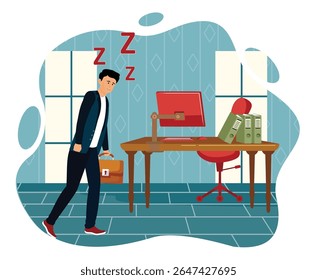 Conceito de privação do sono. Um trabalhador cansado entra em um ambiente de escritório, simbolizando a falta de sono. Uma secretária está equipada com equipamento de escritório, destacando a dedicação à vida profissional.