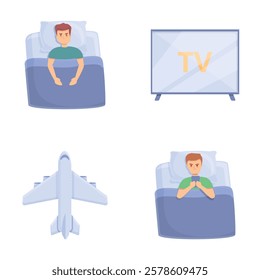 Sleep deprivation icons set cartoon vector. Man lies in bed and cannot sleep. Insomnia concept