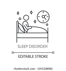 Sleep deprivation linear icon. Insomnia. Nightmare and night terror. Dyssomnia. Mental disorder. Thin line illustration. Contour symbol. Vector isolated outline drawing. Editable stroke