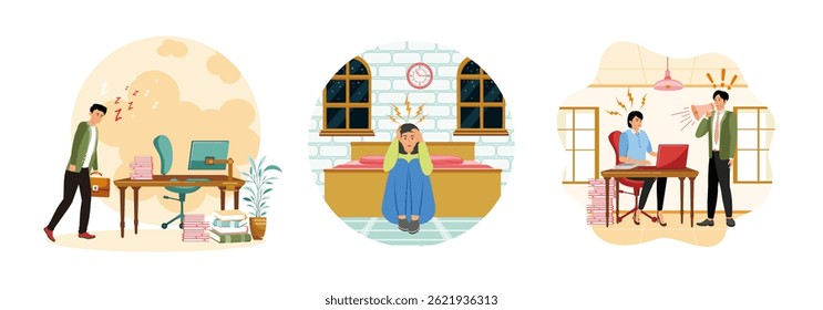 Sleep deprivation. Office worker resting against a desk. Sleep behavior disorder. Woman sitting in her bedroom at night, distressed. Stressed girl sitting with laptop while listening to the boss.