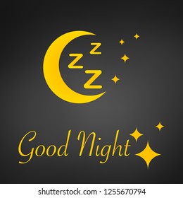Sleep design background, zzz moon, good night sign and stars, vector illustration, isolated on black background