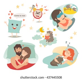 Sleep design concept. Cartoon alarm clock, insomnia, pillow, sleeping boy and girl. Night on bed, sheep and dream. Vector illustration isolated on white