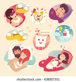 Sleep design concept. Cartoon alarm clock, insomnia, pillow, sleeping boy and girl. Night on bed, sheep and dream, sleep icon. Vector illustration isolated on ivory background