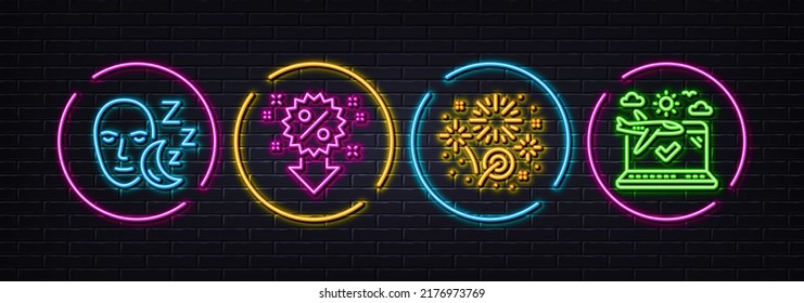 Sleep, Discount and Fireworks minimal line icons. Neon laser 3d lights. Airplane travel icons. For web, application, printing. Dream face, Sale shopping, Pyrotechnic salute. Check in. Vector