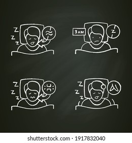  Sleep disorder chalk icons set. Healthy sleeping concept. Different types of sleep disorders. Falling asleep trouble. Stress. Health care. Isolated vector illustrations
