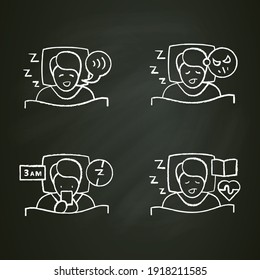  Sleep disorder chalk icons set. Healthy sleeping concept. Different types of sleep disorders. Falling asleep trouble. Stress. Health care. Isolated vector illustrations on chalkboard