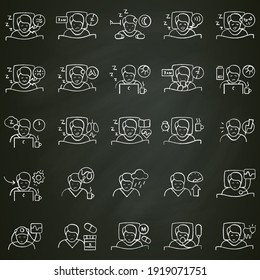  Sleep disorder chalk icons set. Healthy sleeping concept. Different types of sleep disorders. Falling asleep trouble. Stress. Health care. Isolated vector illustrations on chalkboard