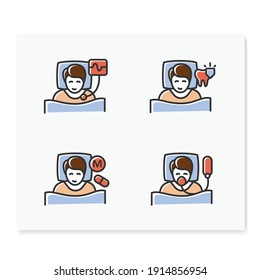  Sleep disorder color icons set. Healthy sleeping concept. Different types of sleep disorders. Falling asleep trouble. Stress. Health care. Isolated vector illustrations