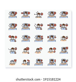 Sleep disorder color icons set. Apnea and insomnia. Healthy sleeping concept. Sleep problems treatment. Health care. Symptoms and causes of sleeping disturbance. Isolated vector illustrations