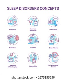 Sleep disorder concept icons set. Nightmares and night terrors. Heart rate monitor. Healthcare problem idea thin line RGB color illustrations. Vector isolated outline drawings. Editable stroke