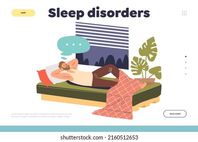 Sleep Disorder Concept Of Landing Page With Sleepless Man Lying Awake In Bed Try To Fall Asleep Anxious Thinking. Tired And Exhausted Male Suffer From Insomnia. Cartoon Flat Vector Illustration