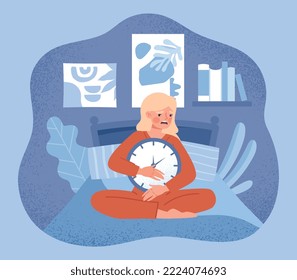 Sleep disorder concept. Woman sitting on bed with clock in her hands. Health problems, psychology and insomnia. Young girl with mental disorder. Poster or banner. Cartoon flat vector illustration