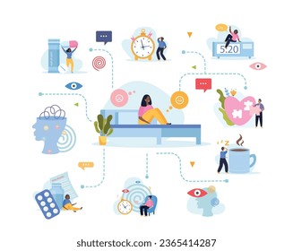 Sleep disorder flat composition with nightmares insomnia and other health problem symbols vector illustration