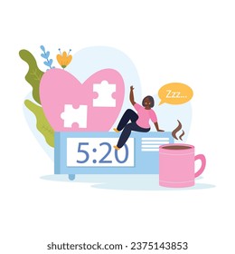 Sleep disorder flat concept with woman and alarm clock vector illustration
