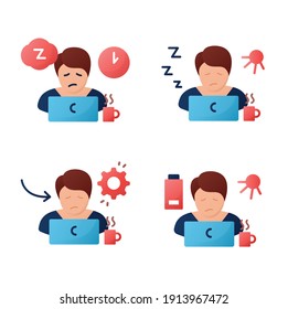  Sleep disorder flat icons set. . Healthy sleeping concept. Symptoms and types disorders sleep. Falling asleep trouble. Stress. Health care. Color isolated vector collection 