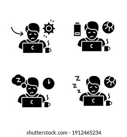  Sleep disorder glyph icons set. Healthy sleeping concept. Symptoms and types disorders sleep. Falling asleep trouble. Stress. Health care. Filled flat signs. Isolated silhouette vector illustrations