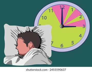 Sleep disorder illustration. Sleeping person and wall clock isolated. Sleep patterns for health