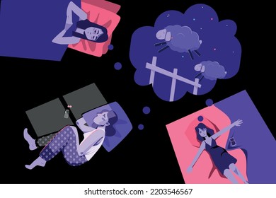 Sleep disorder insomnia collage composition with lying human characters trying to get some sleep with dreams vector illustration