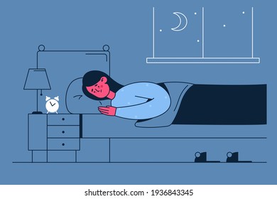 Sleep disorder, insomnia concept. Young tired sad sleepless woman lying in bed with smartphone and suffering from insomnia trying to fall asleep at night vector illustration 