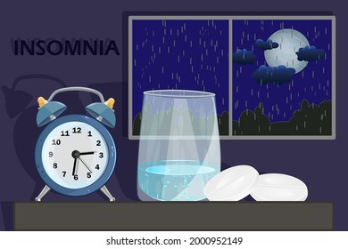 Sleep disorder or insomnia concept.Clock, glass with water and pill on dark blue sky background with rain and moon at night.Medical problem, insomnia and depression treatment.Stock vector illustration