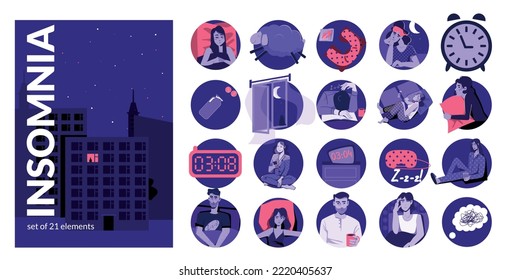Sleep disorder insomnia set of circle shaped compositions with clocks sleepy people pillows brain and text vector illustration