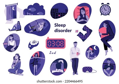 Sleep disorder insomnia set with isolated icons of alarm clocks pillows sleeping masks and sleepy people vector illustration