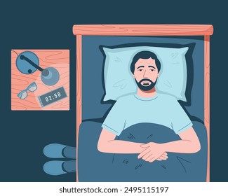 Sleep disorder, insomnia, sleeplessness. Senior tired and exhausted man lying in bed with open eyes in darkness night room. Frustrated person with problem. Character vector illustration in flat style