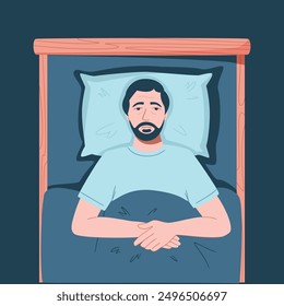 Sleep disorder, insomnia, sleeplessness. Senior tired and exhausted man lying in bed with open eyes in darkness night room. Frustrated person with problem. Character vector illustration in flat style