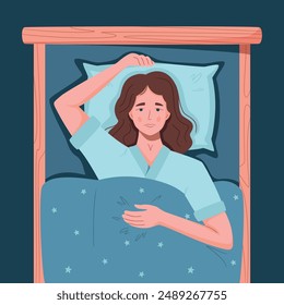 Sleep disorder, insomnia, sleeplessness. Young tired and exhausted woman lying in bed with open eyes in darkness night room. Frustrated person with problem. Character vector illustration in flat style