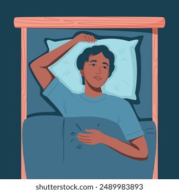 Sleep disorder, insomnia, sleeplessness. Young tired african american woman lying in bed with open eyes in darkness night room. Frustrated person with problem. Character flat vector illustration 