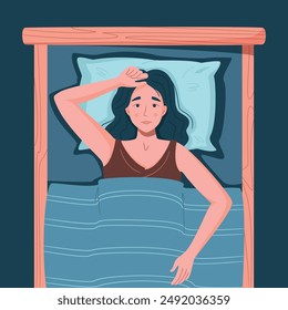 Sleep disorder, insomnia, sleeplessness. Young tired and exhausted woman lying in bed with open eyes in darkness night room. Frustrated person with problem. Character vector illustration in flat style